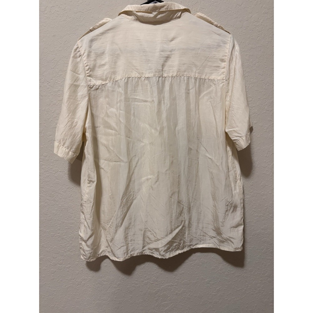VTG 100% Silk Safari Shirt Sz 12 Cream Short Sleeve Gorpcore Utilitarian Blouse - Picture 6 of 14